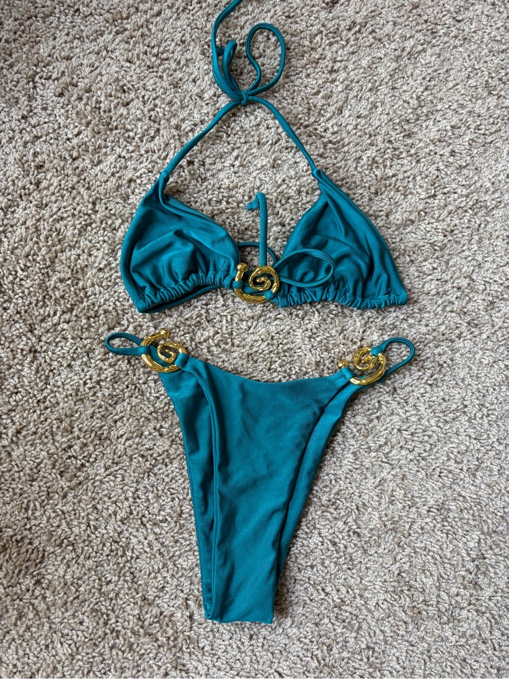 Teal Triangle Bikini Set with Gold Accent Hardware